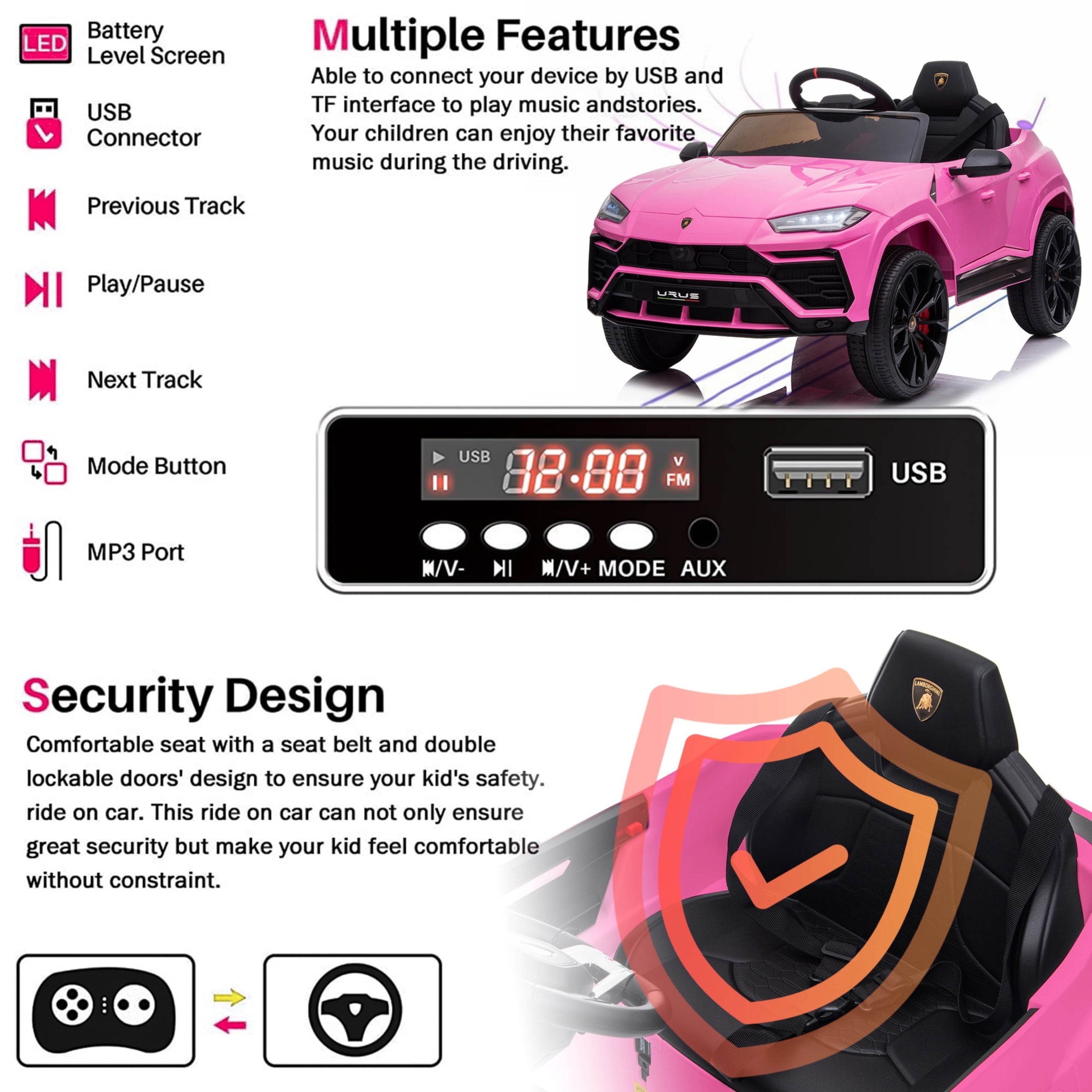 Pink toy car with control panel and features