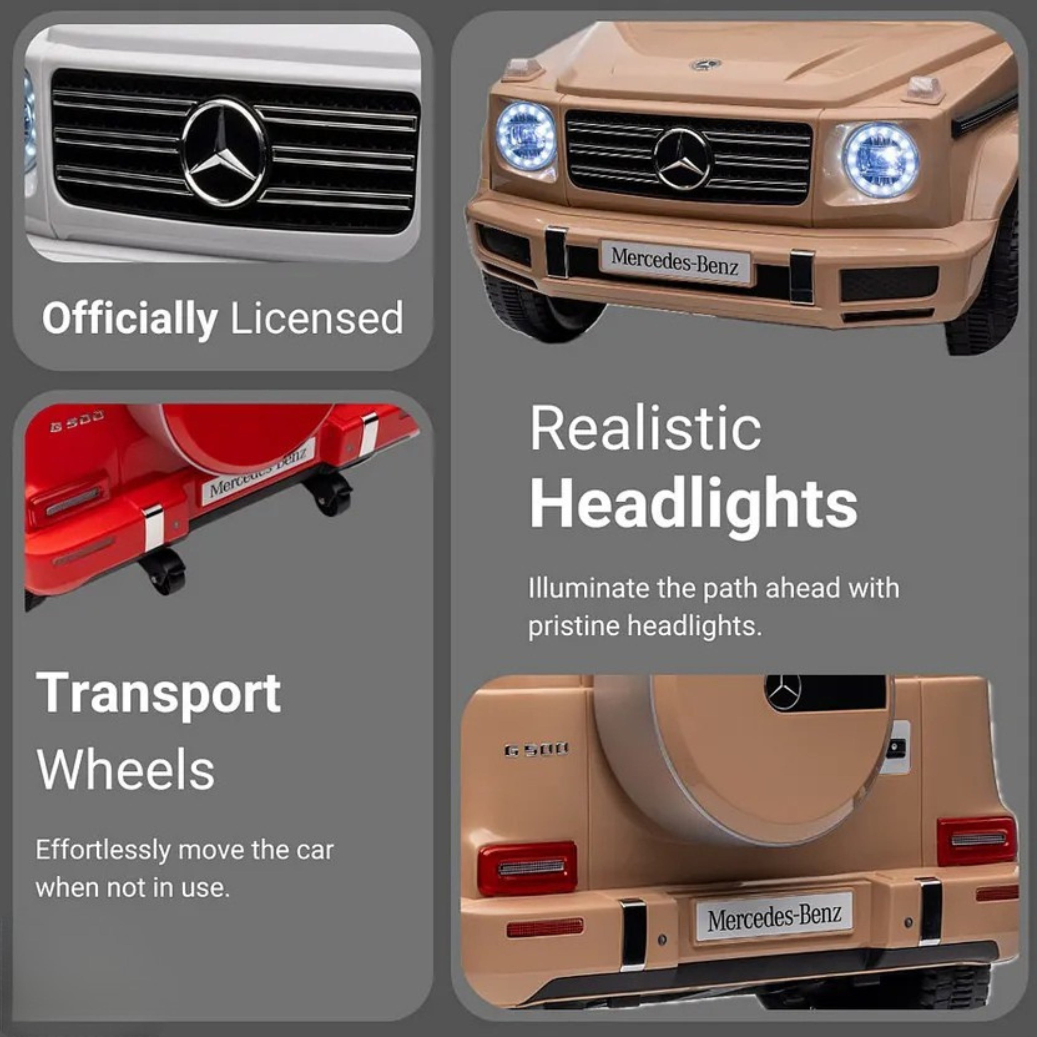 Mercedes-Benz toy car with realistic headlights and transport wheels
