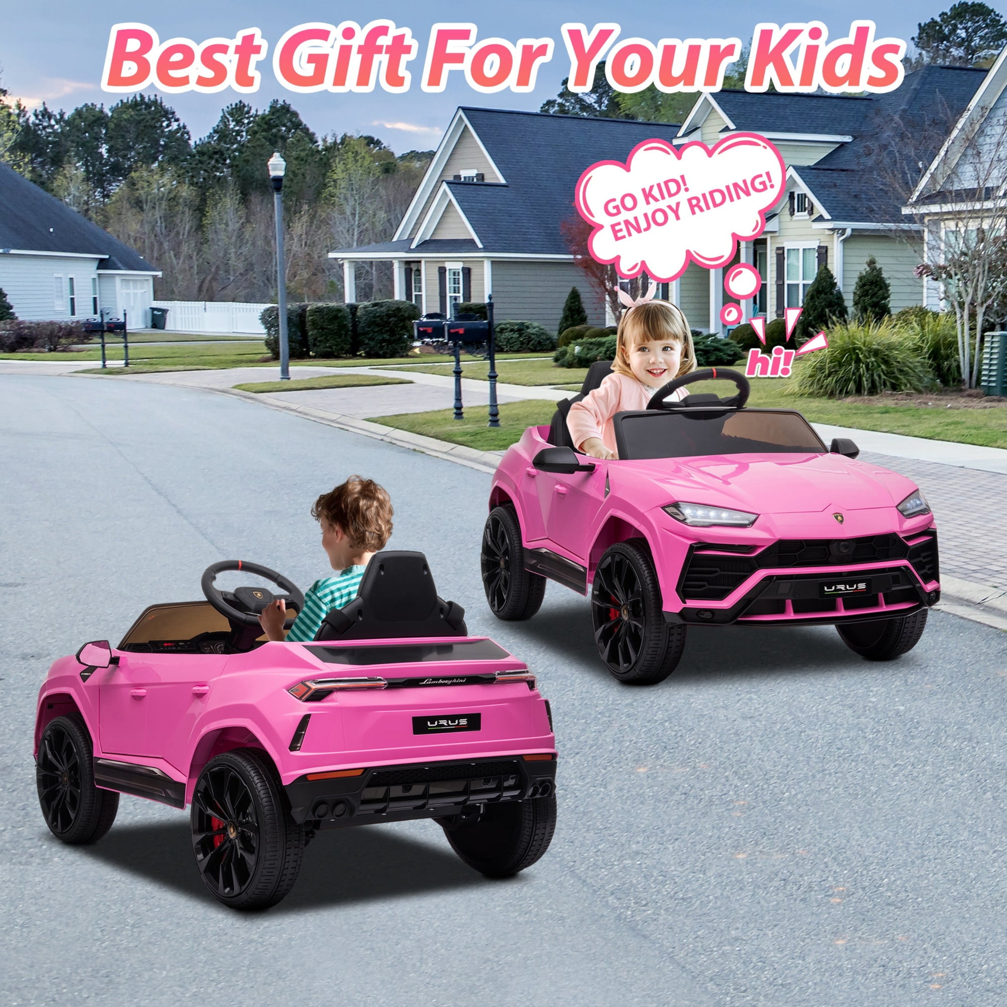 Two children in pink toy car