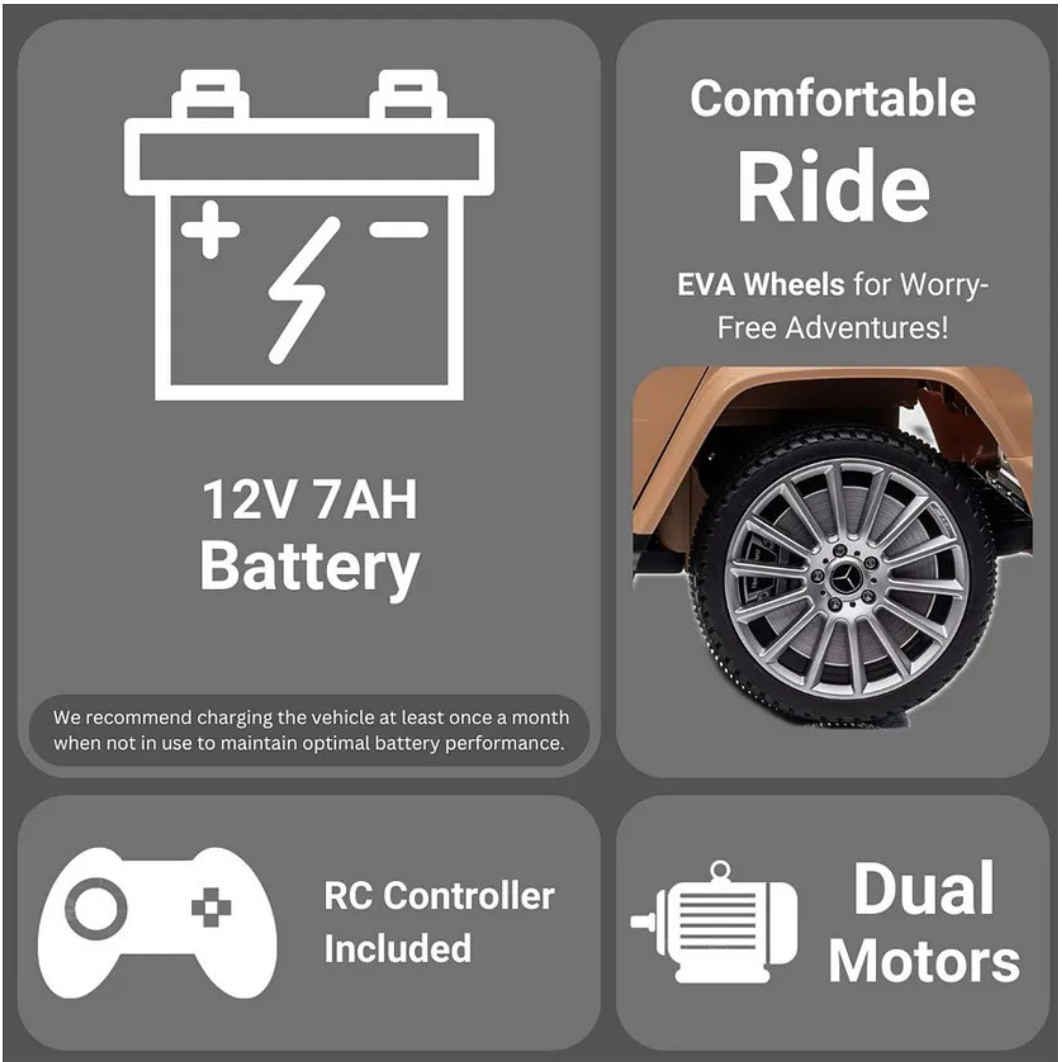 Product features include a battery, EVA wheels, RC controller, and dual motors