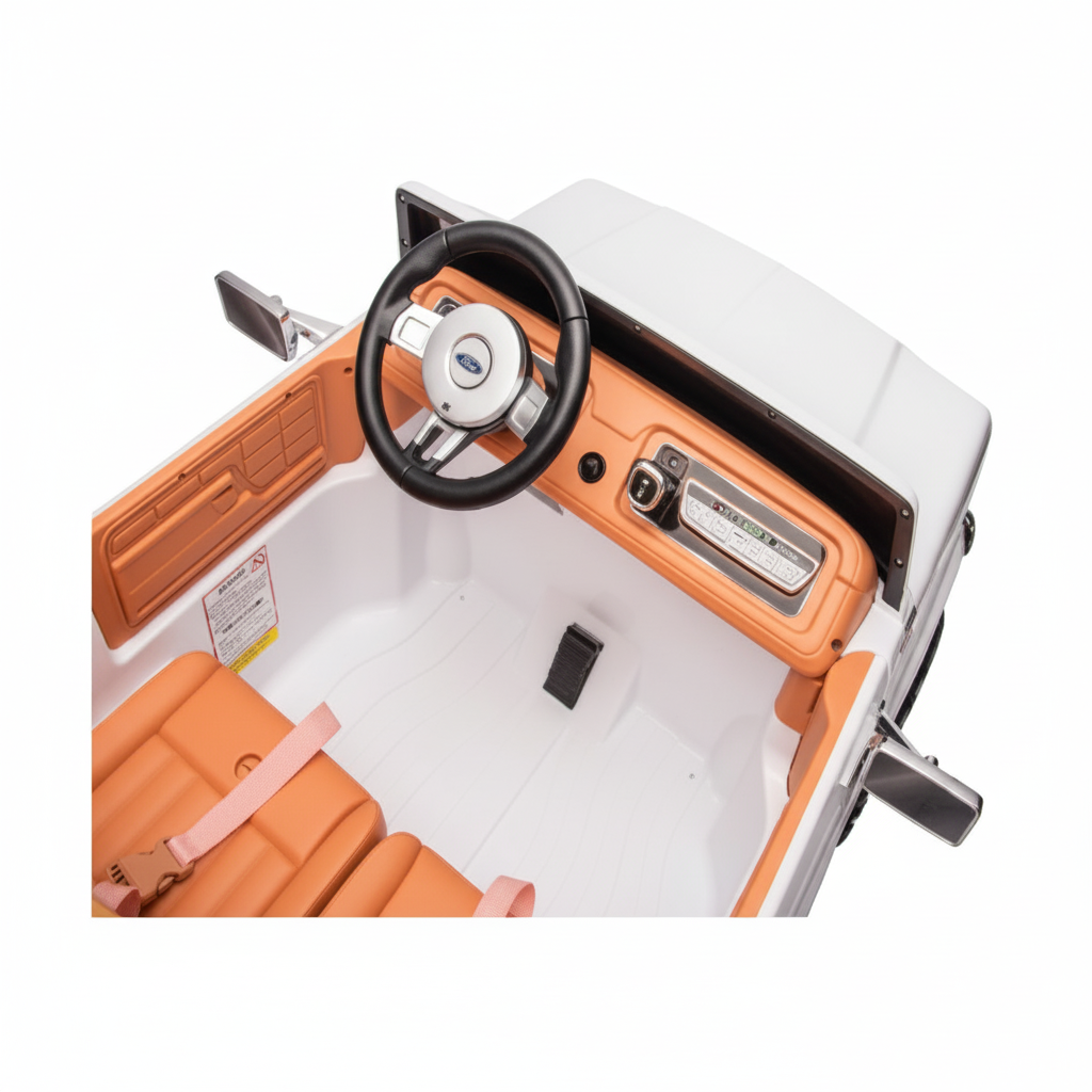 ride on ford car  interior with steering wheel and dashboard and gears and accelerator
