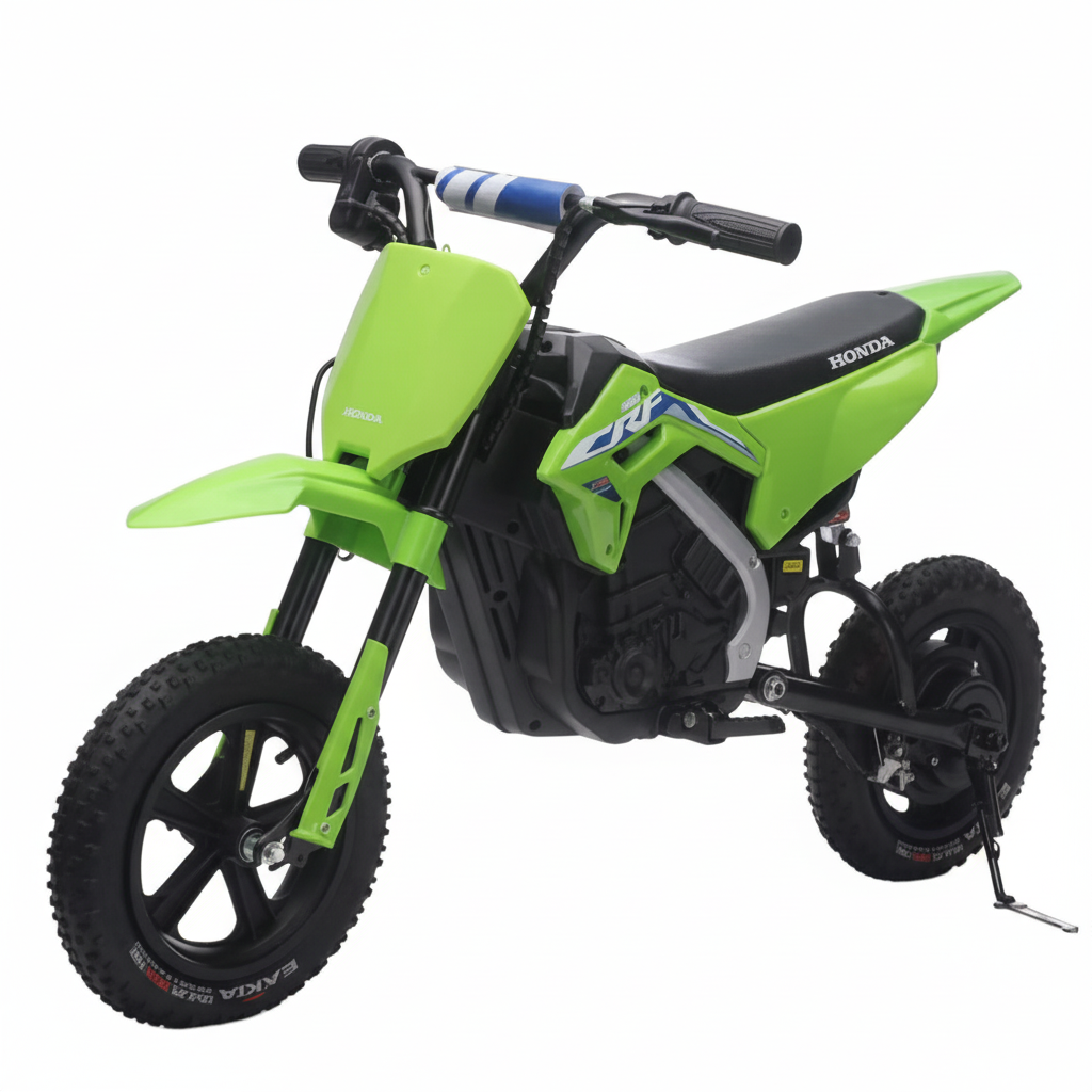 Side view of Green Kids Honda Electric Dirt Bike
