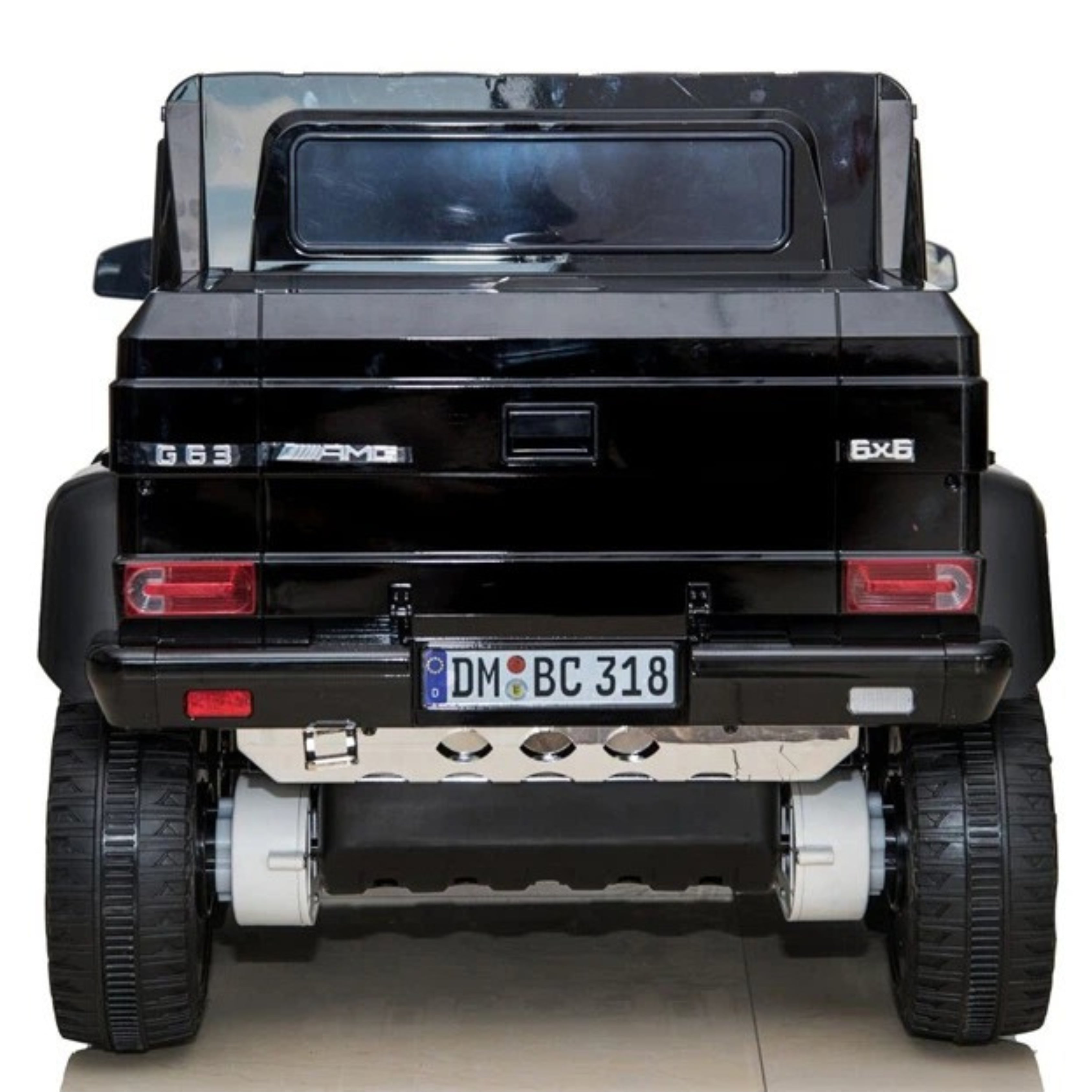 Back view of Black Kids toy car with a detailed design 