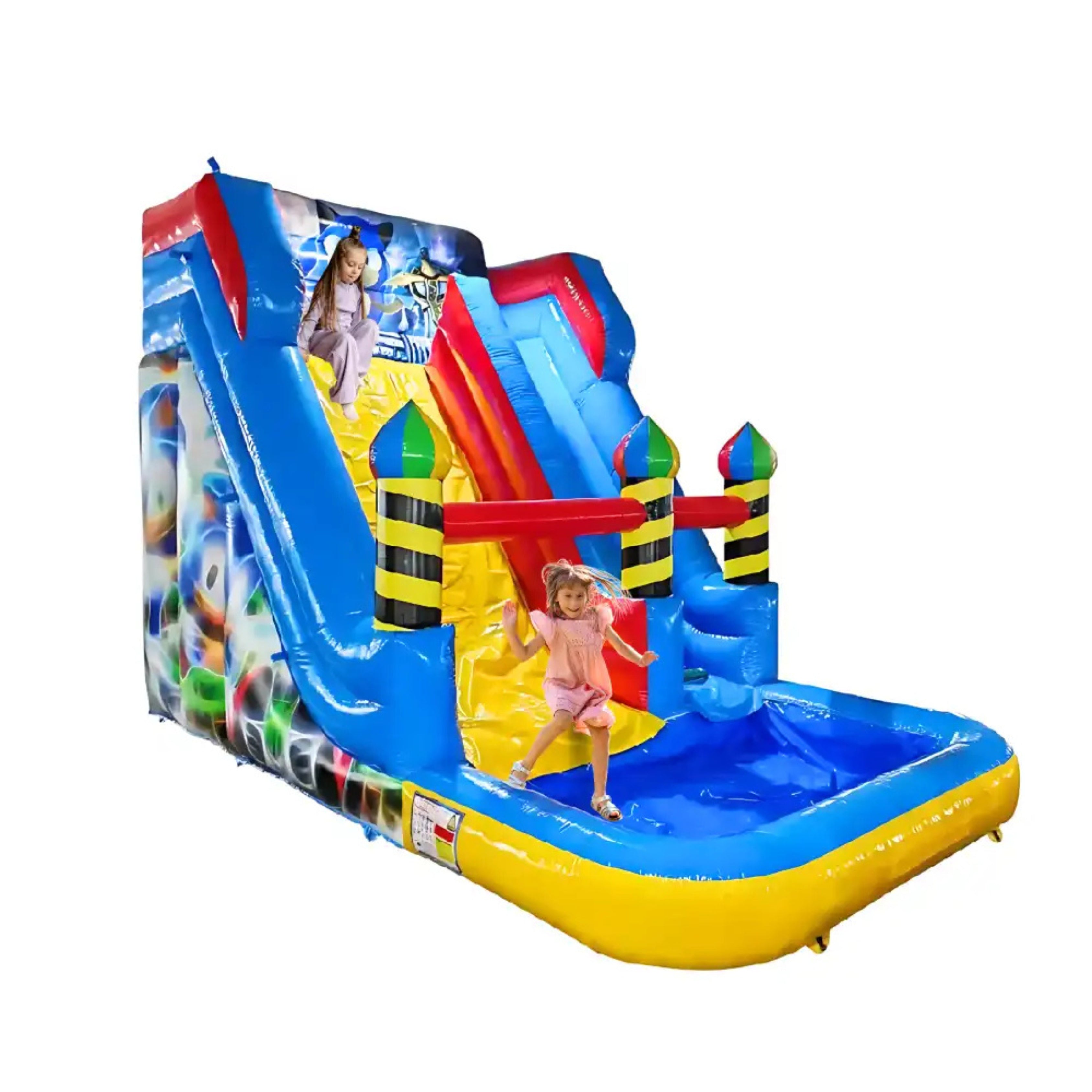 Colorful inflatable water slide with a castle design