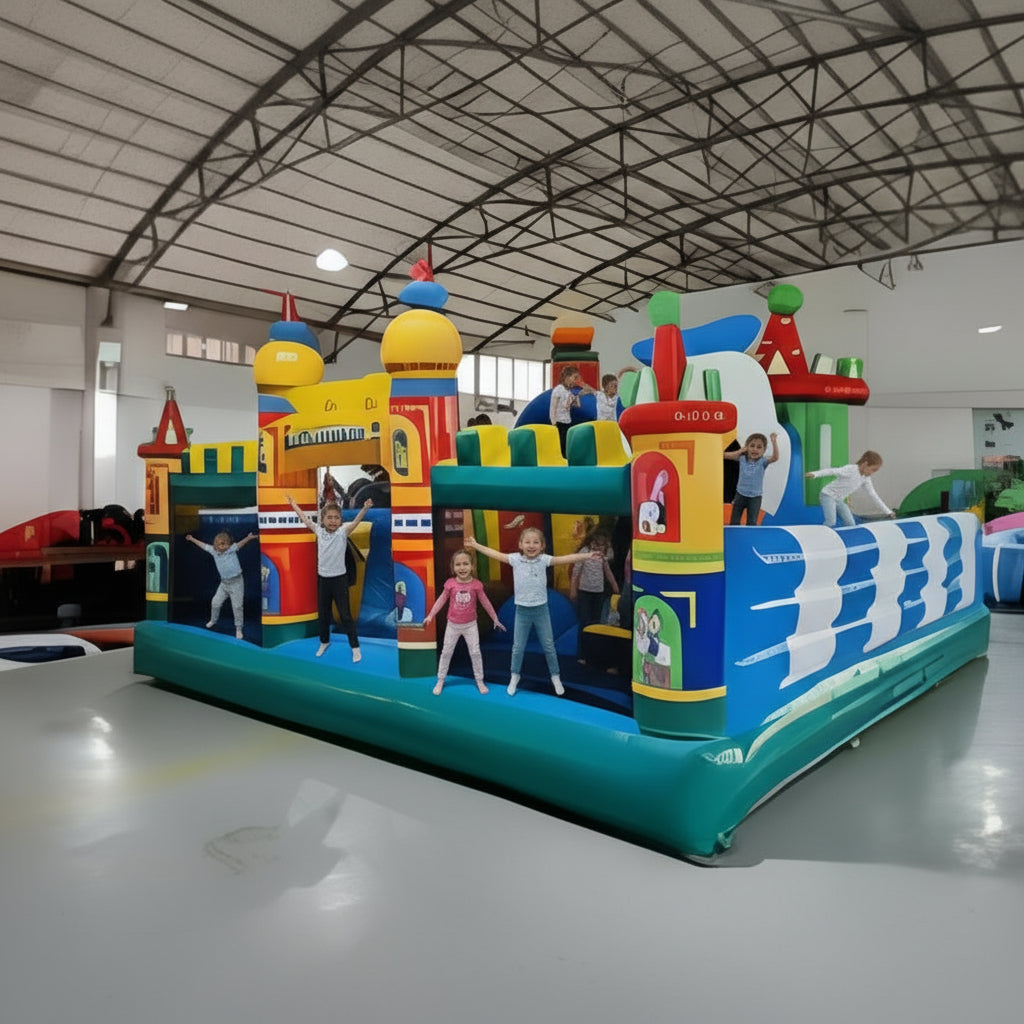 Children playing on a colorful inflatable playground structure indoors.