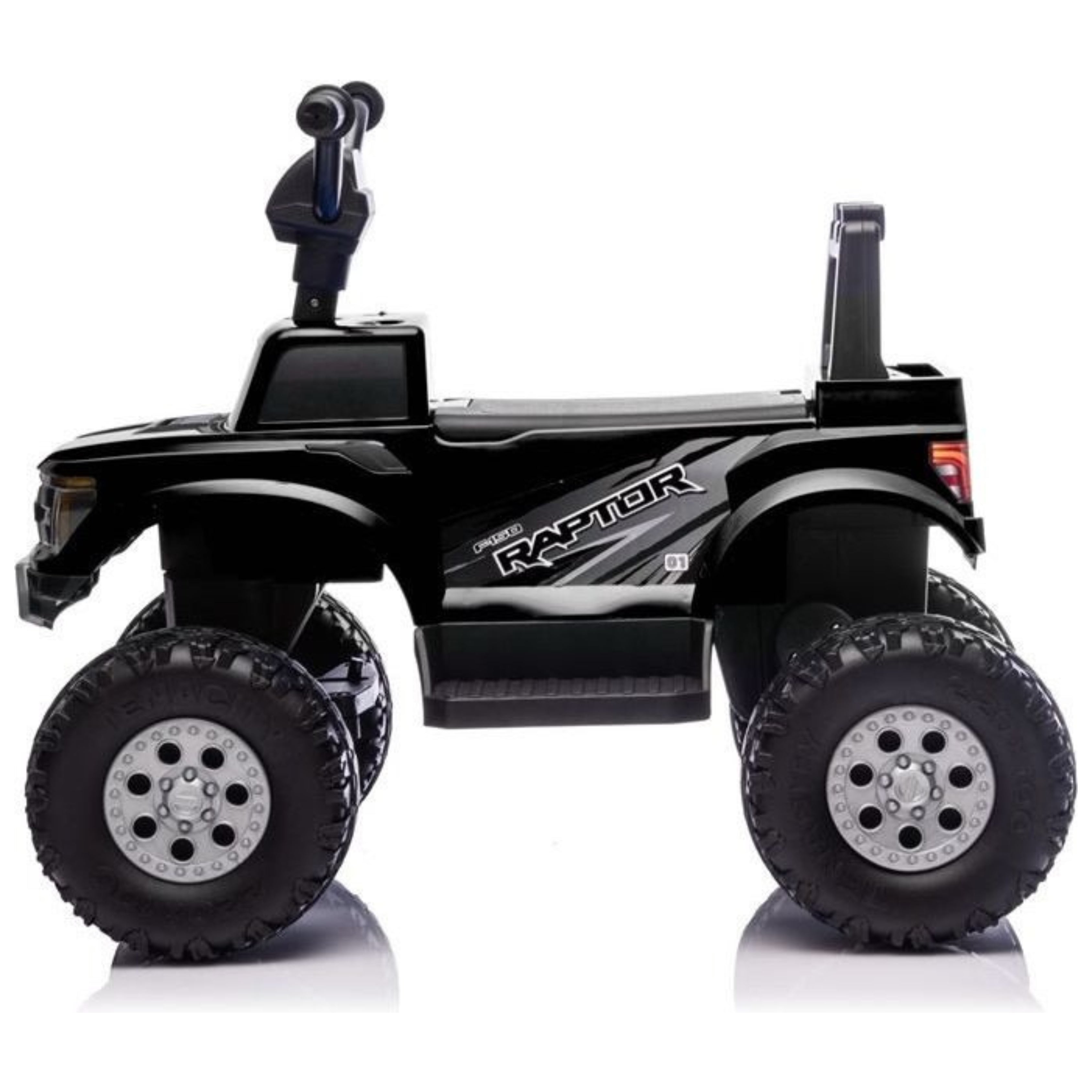 Side View of Black toy truck with Ford F-150 Raptor Electric Car