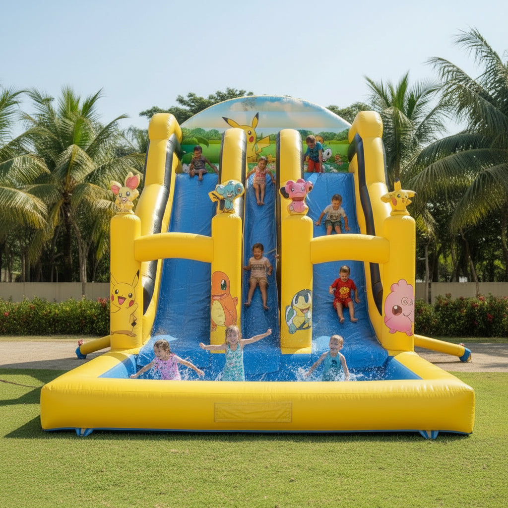 Pikachu Family Double Water Slide & Pool with cartoon characters