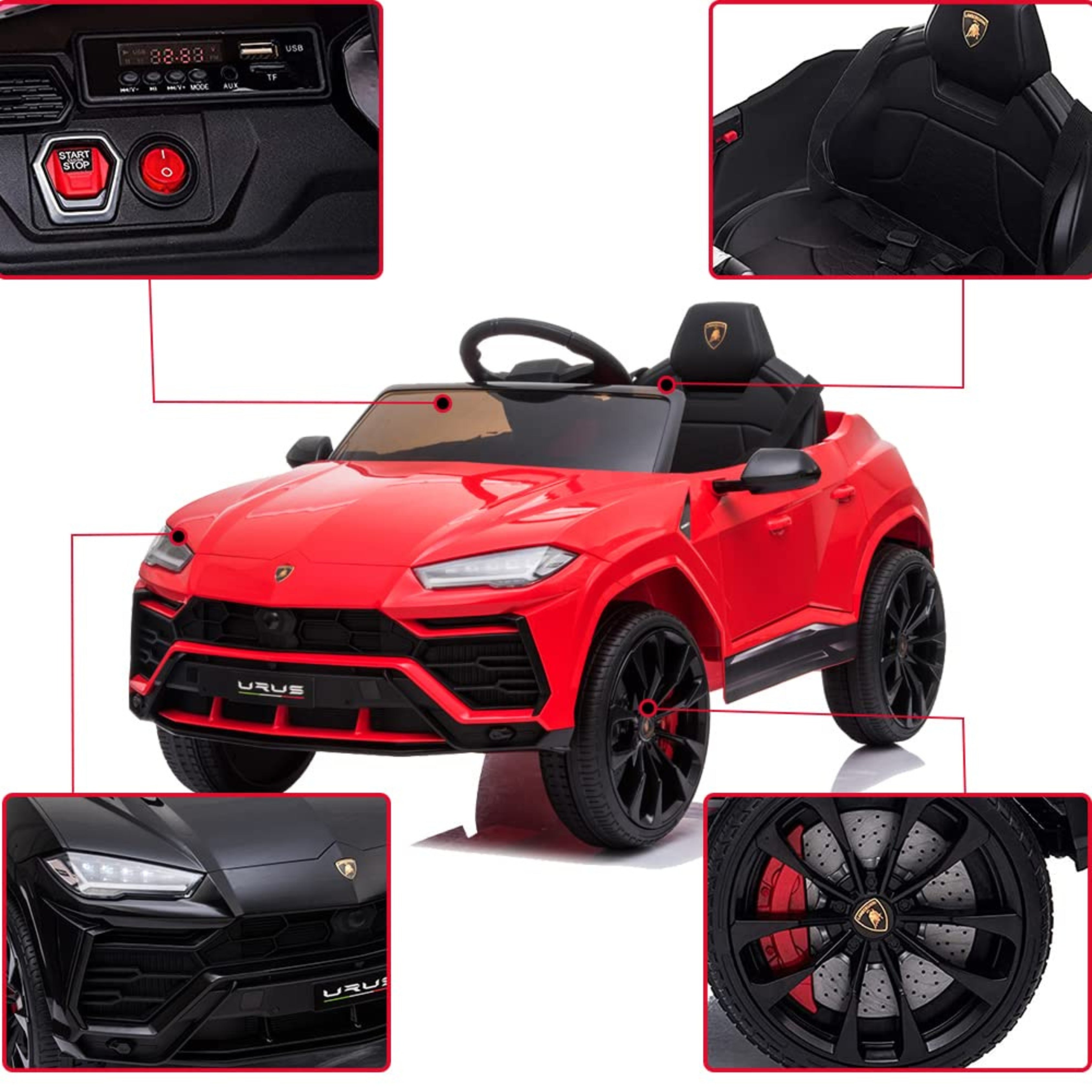 Detailed views of the Red toy car with Lamborghini features 