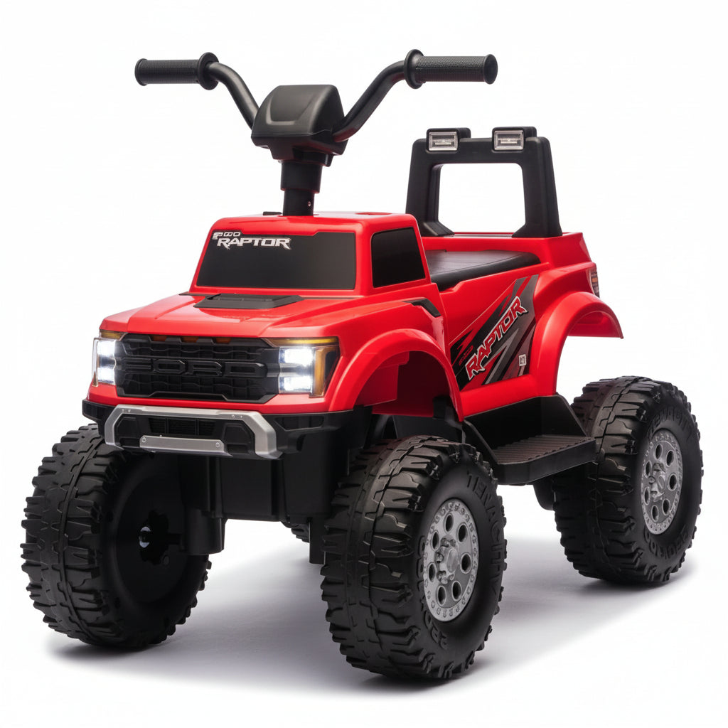 Red toy truck with Ford F-150 Raptor Electric Car 