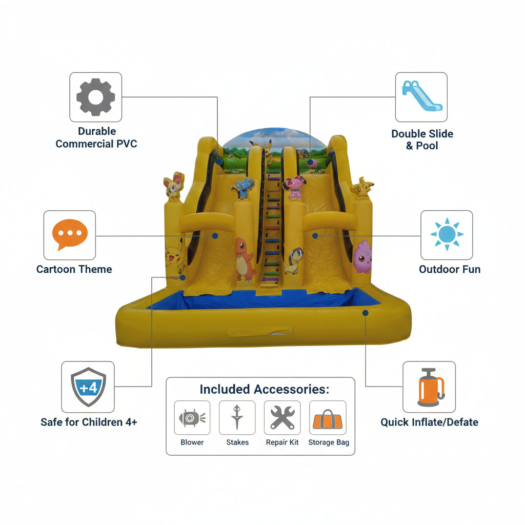 Yellow inflatable slide with cartoon characters 