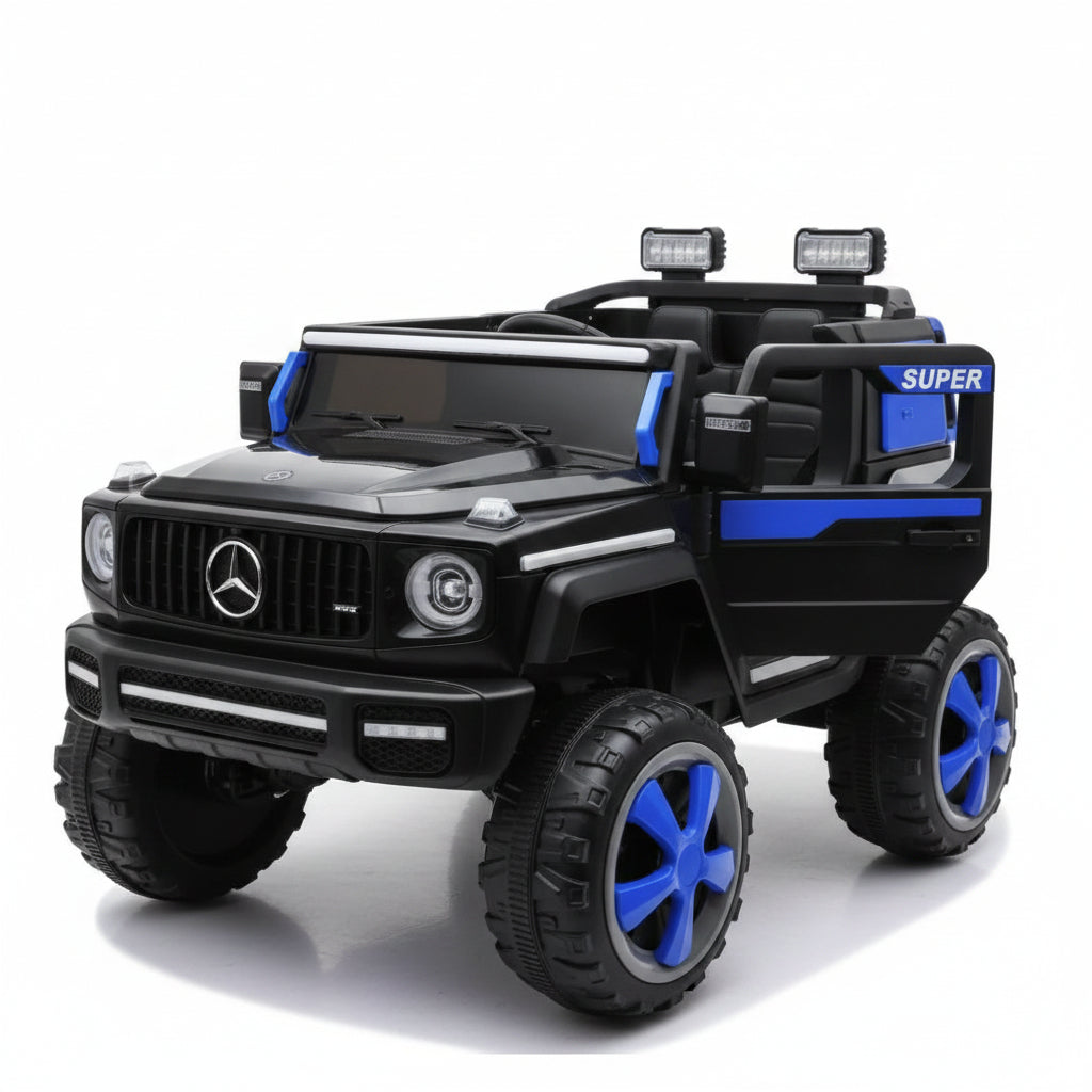 A black and blue Mercedes-Benz-style ride-on bttery powered toy truck with RC That is large off-road tires