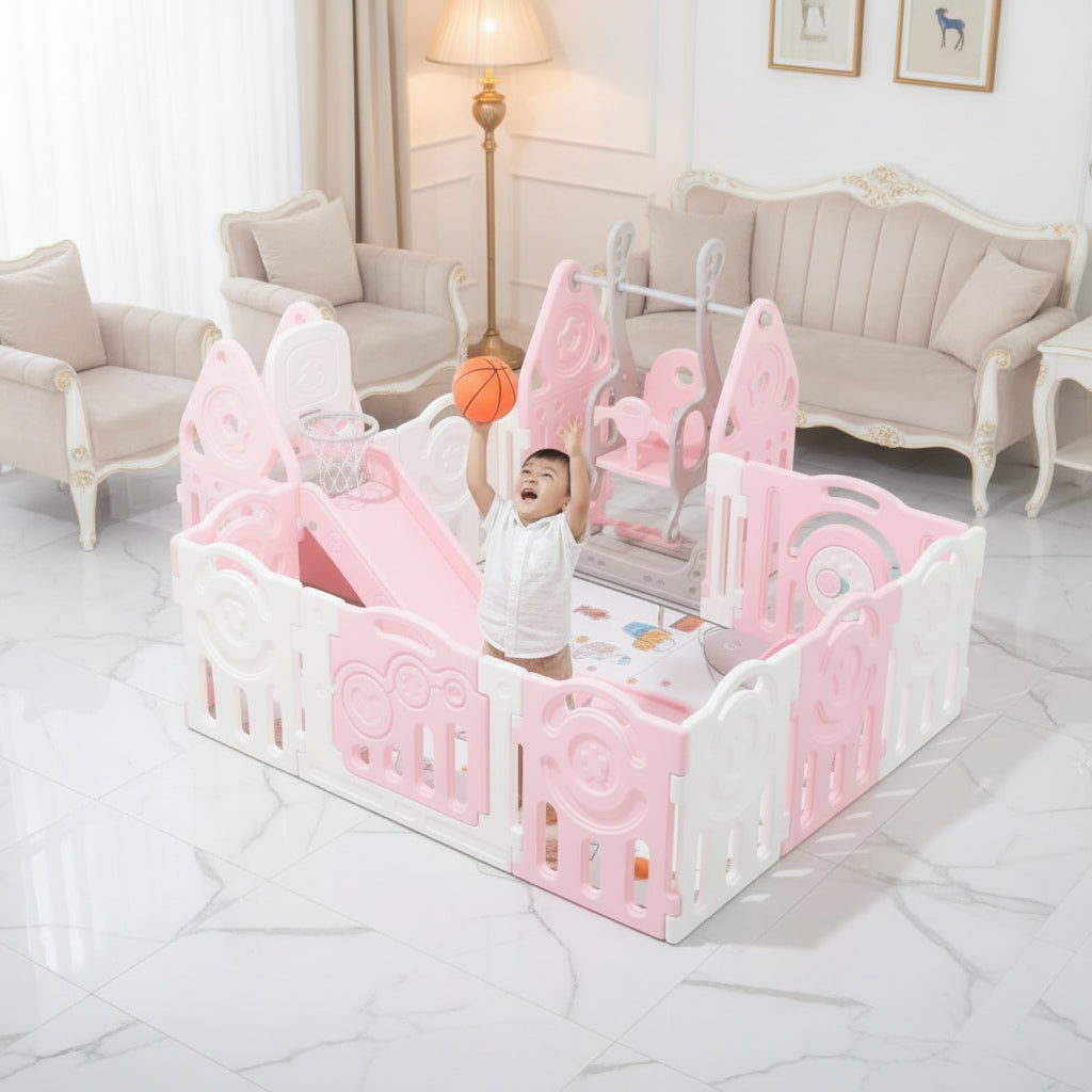 Children's playpen with slide and rocking horse in a room setting