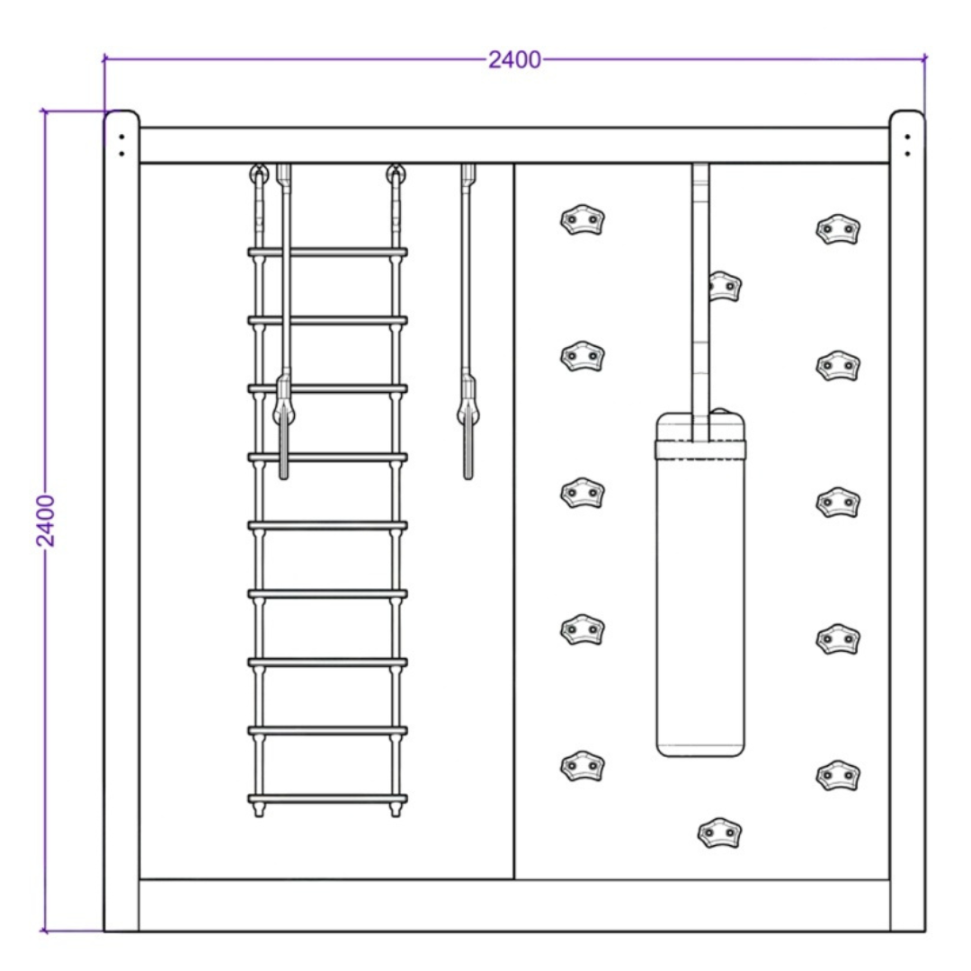 Technical drawing of a climbing wall with ladder and punching bag