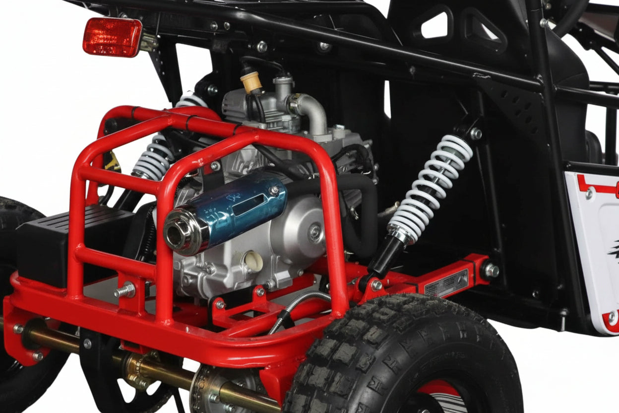 Eview with small trailer for goods of UTV 125 CC Off Road Triton Buggy for Kids red color gine 