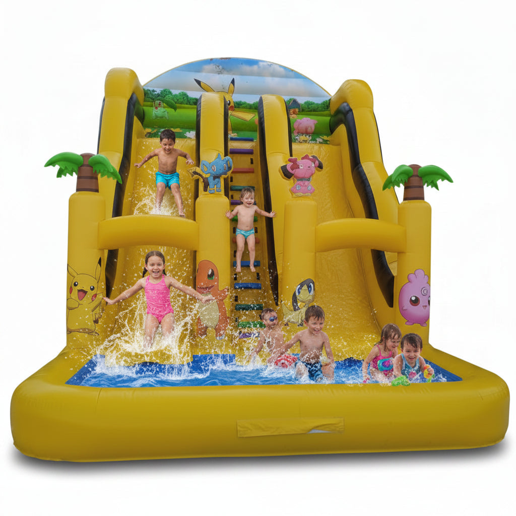 Yellow inflatable slide with cartoon characters