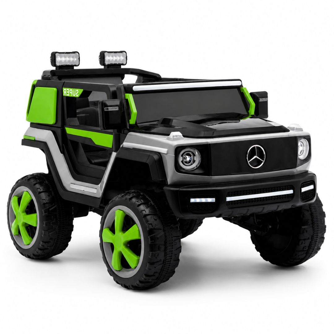 Stylish black and green toy off-road battery powered toy vehicle featuring large black wheels with bright green rims