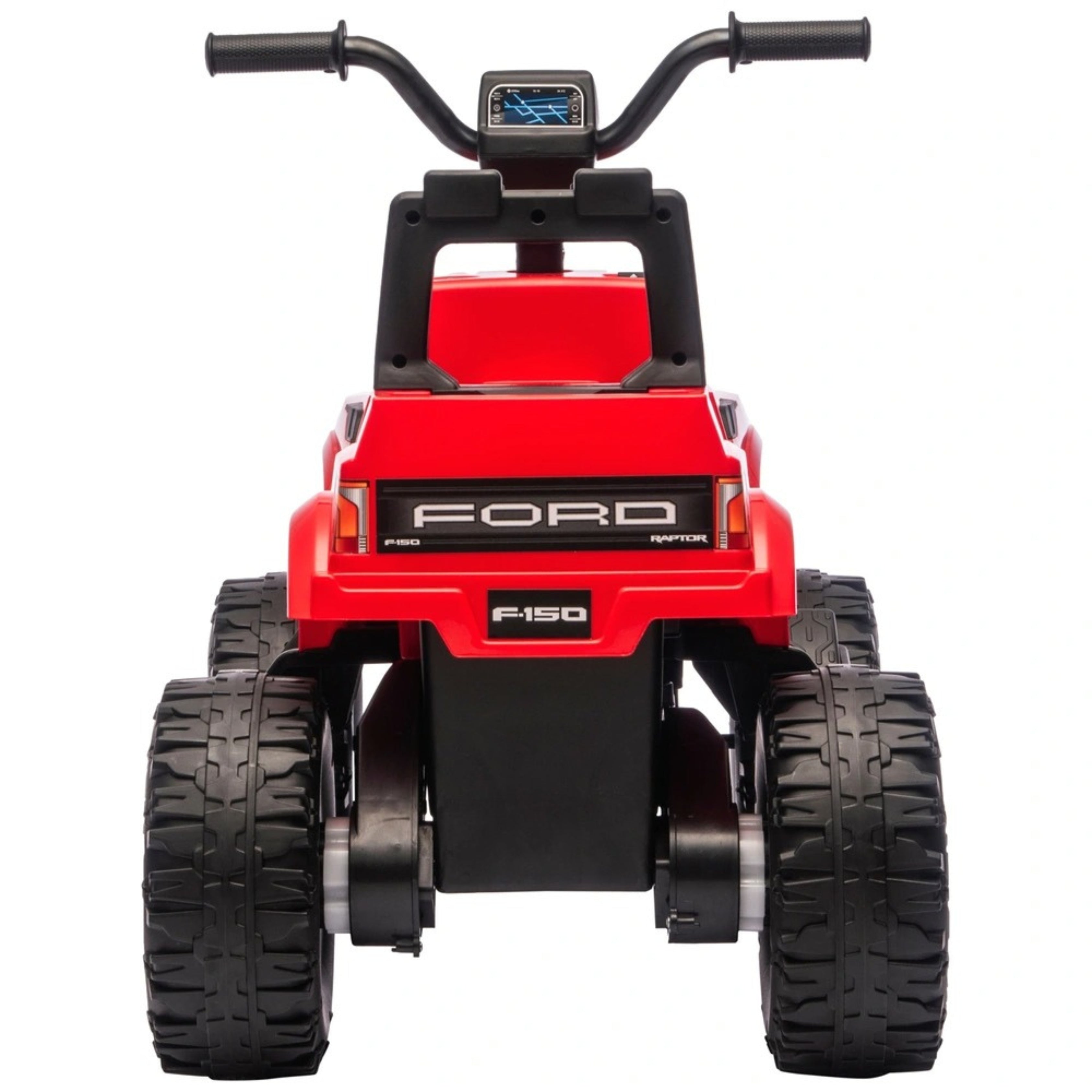 Back View of Red Ford F-150 Raptor Electric Car with 4 Wheels Motors Battery