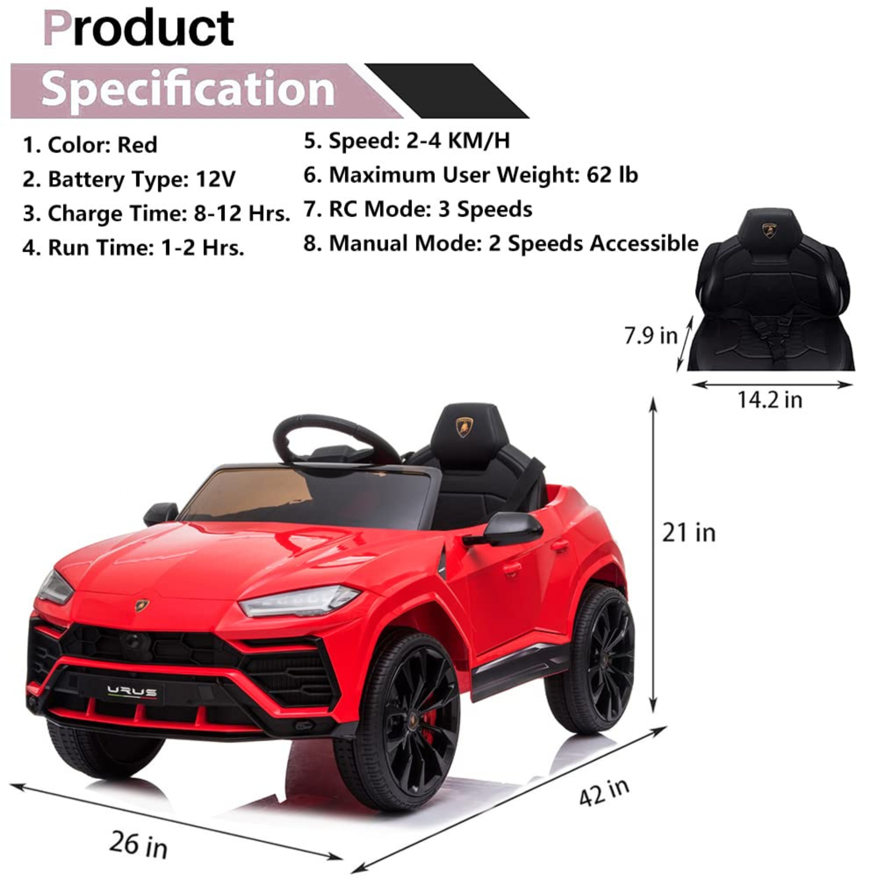 Red Electric Cars for Kids Lamborghini Urus with specifications