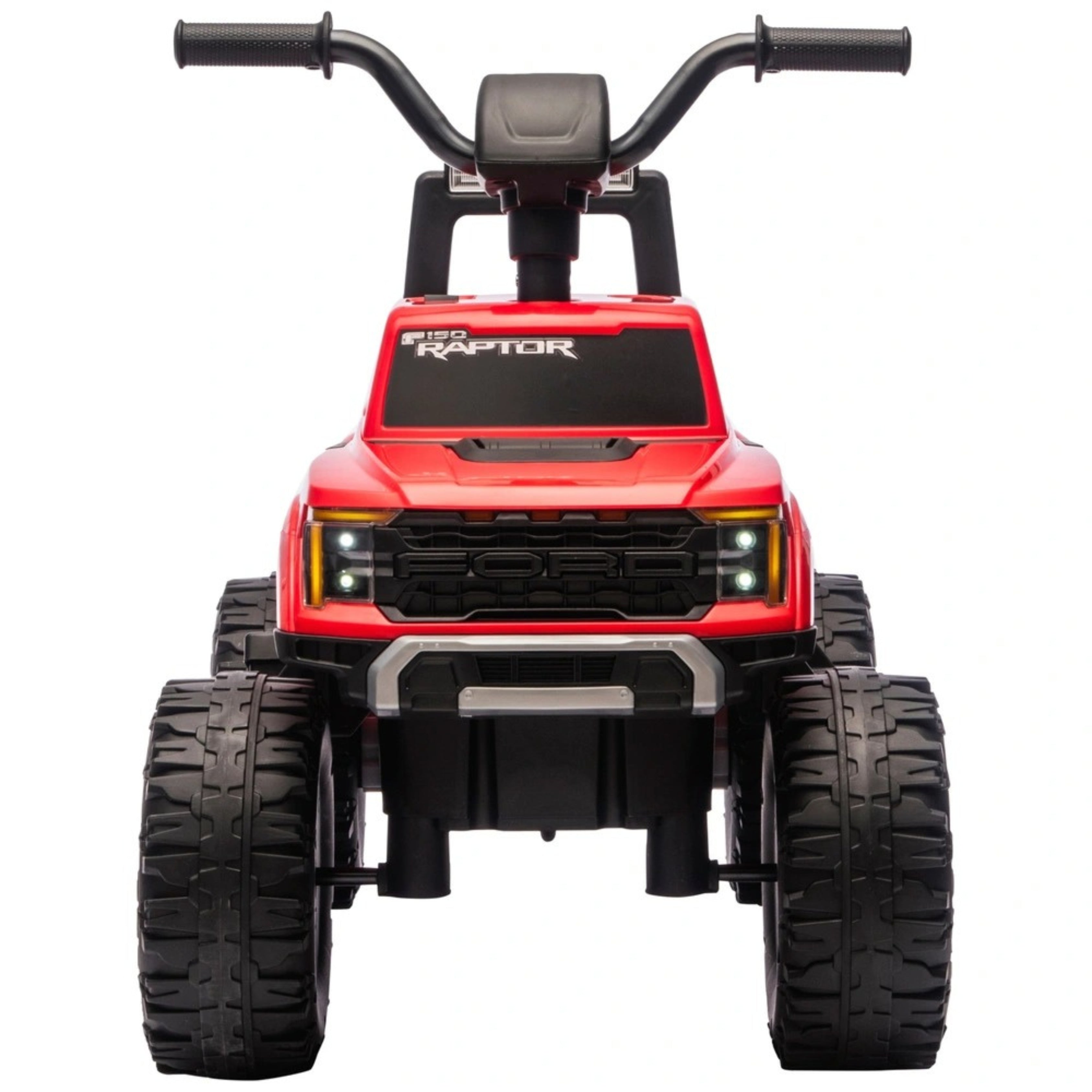 Front view of Red toy Ford F-150 Raptor Electric Car with 4 Wheels Motors