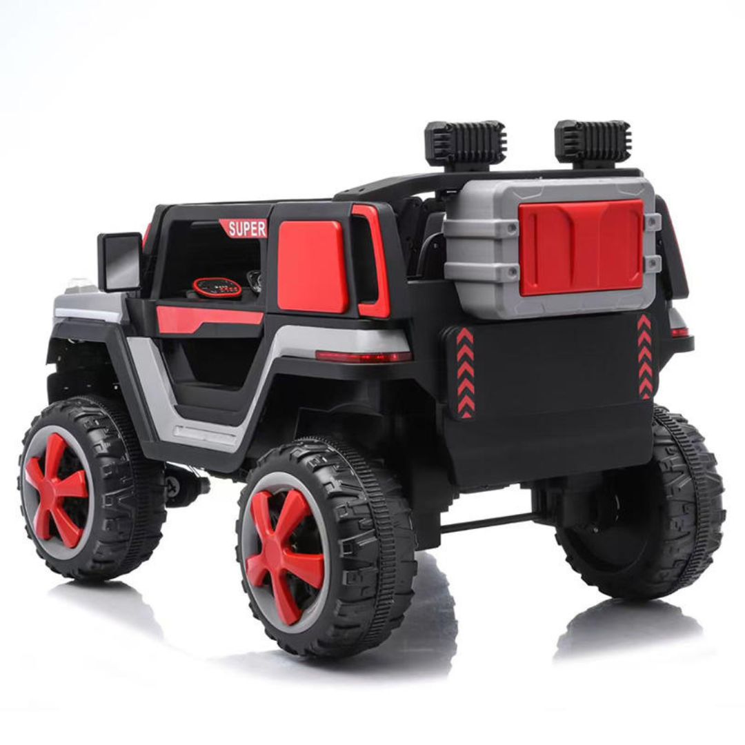 Back view of a toy off-road ride on jeep vehicle for kids featuring with rear cargo box