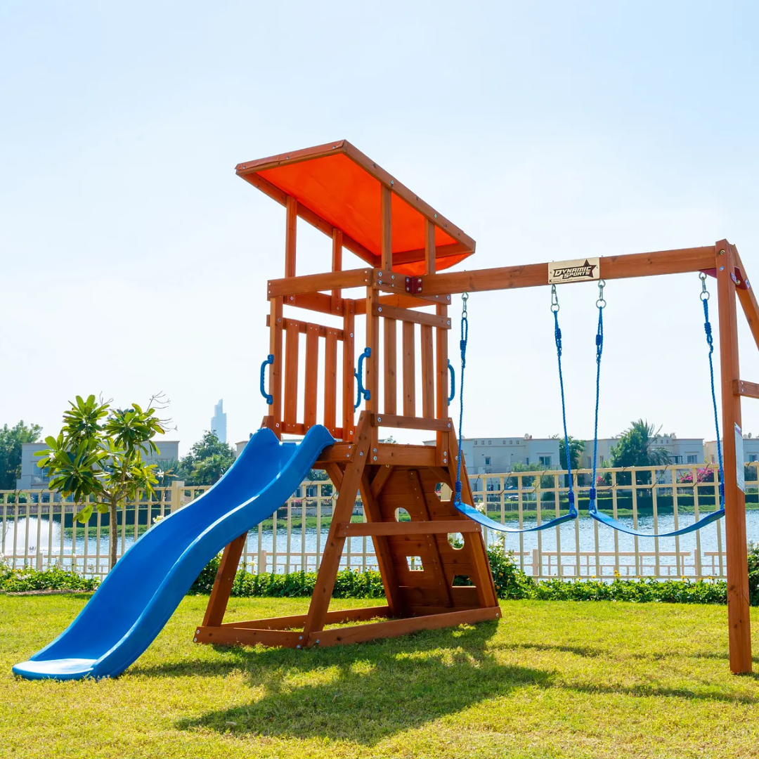 Dynamic Sports Arabian Cat Wooden Swing Set -(261.7 x 263.1 x 228.6 CM)