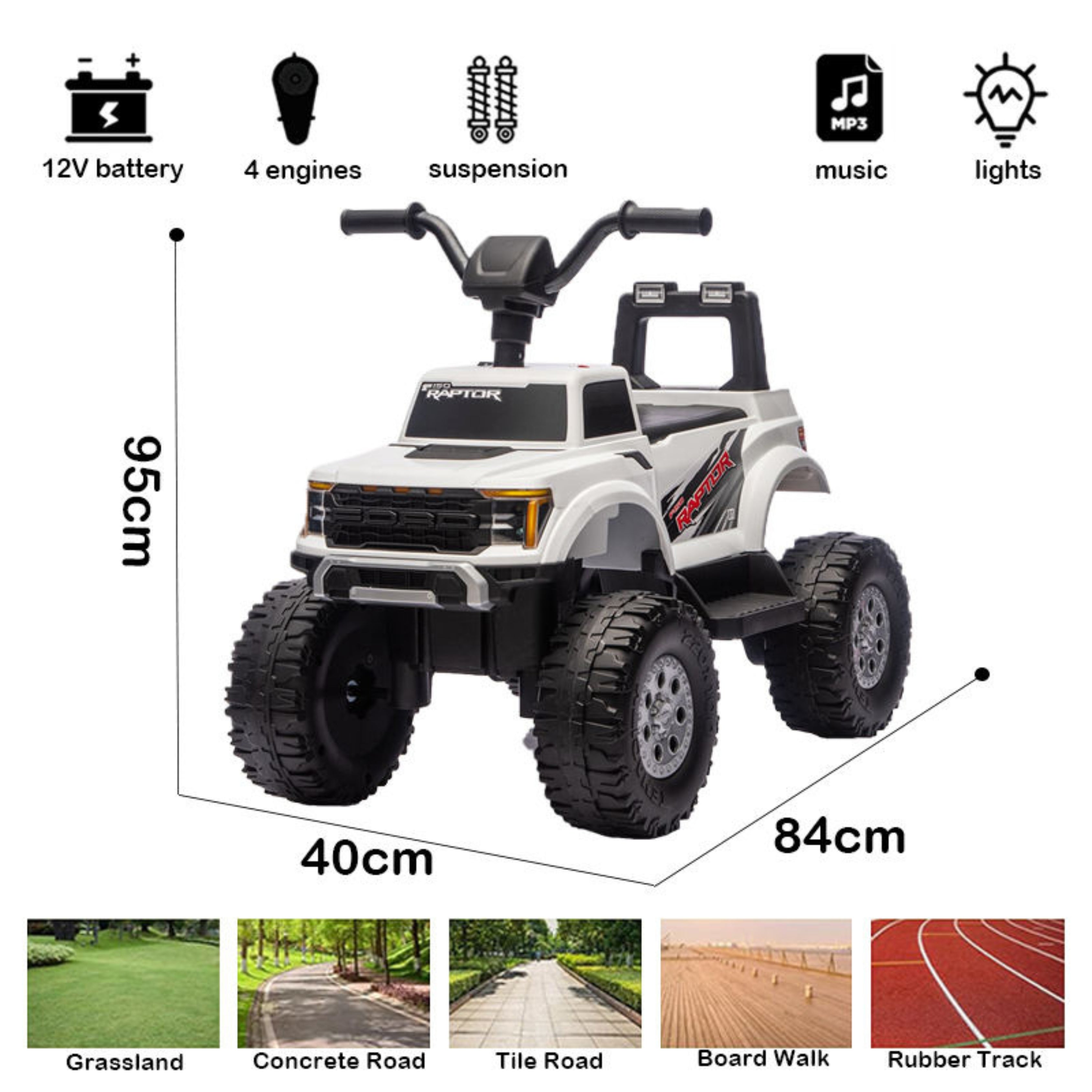 Children's electric toy truck with features and dimensions