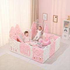 Pink and white playpen with slide and toys on a light gray floor.