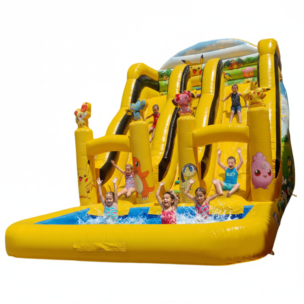 Pikachu Family Double Water Slide & Pool with cartoon characters 