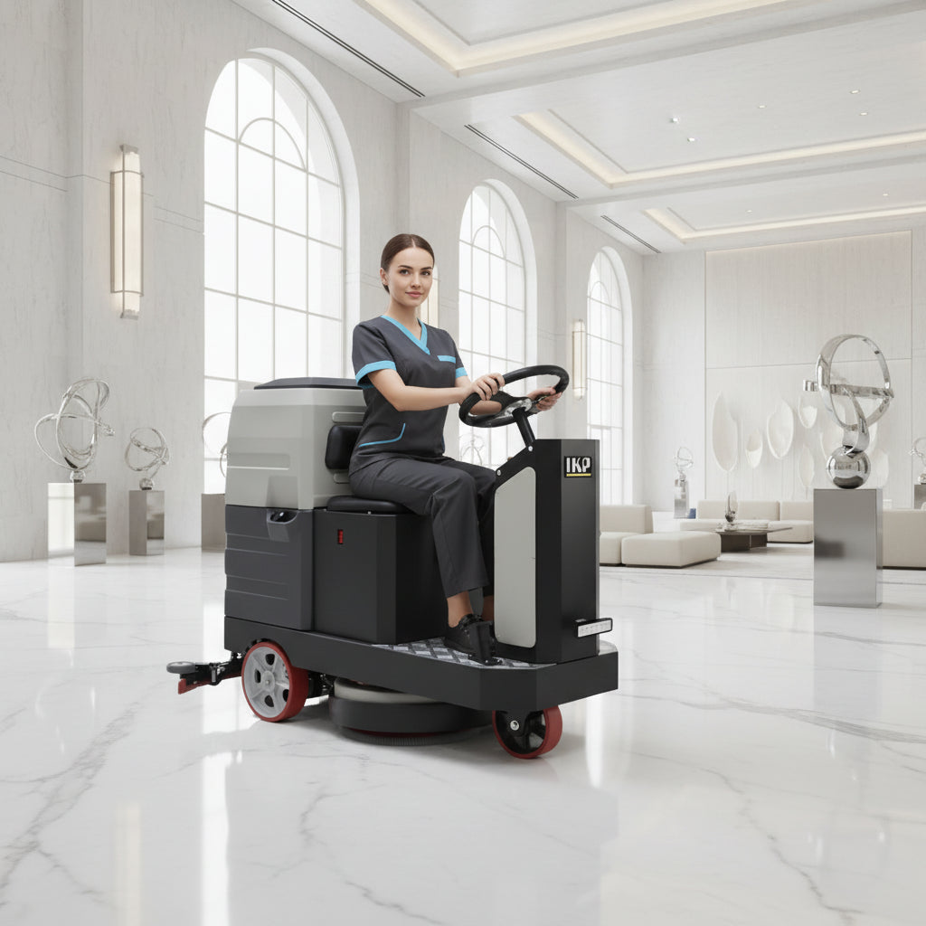 A woman rides on the V6 Scrubber Dryer (Double Disc)