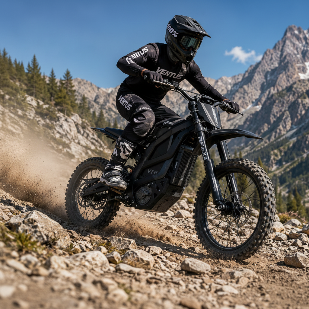 A rider in a black Ventus 1 + Off-Road Electric Dirt Bike on a rocky mountain 