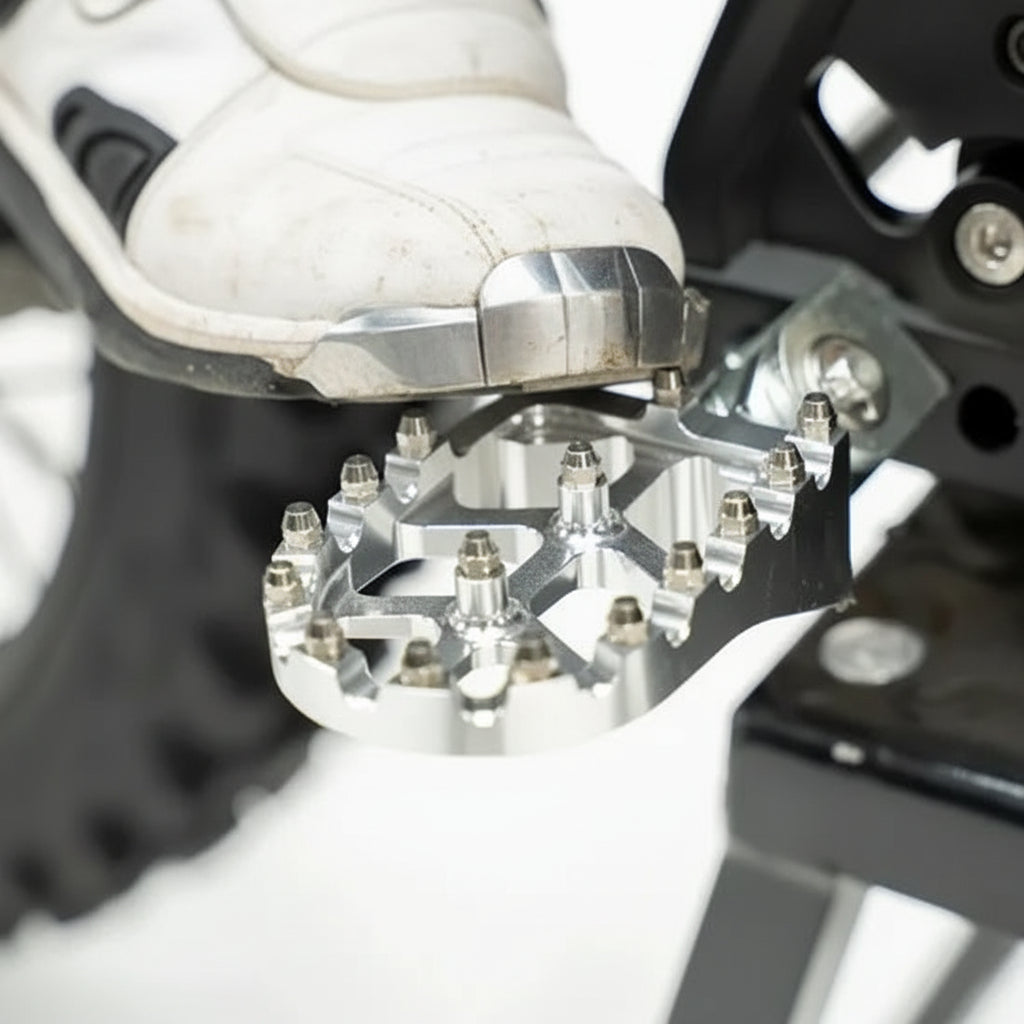 Close-up of a metallic foot peg on a motorcycle