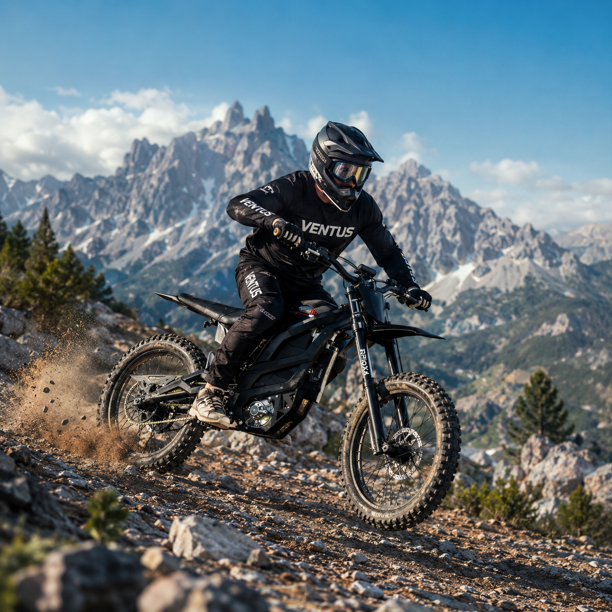 A person riding a black off-road motorcycle on a rocky mountain trail