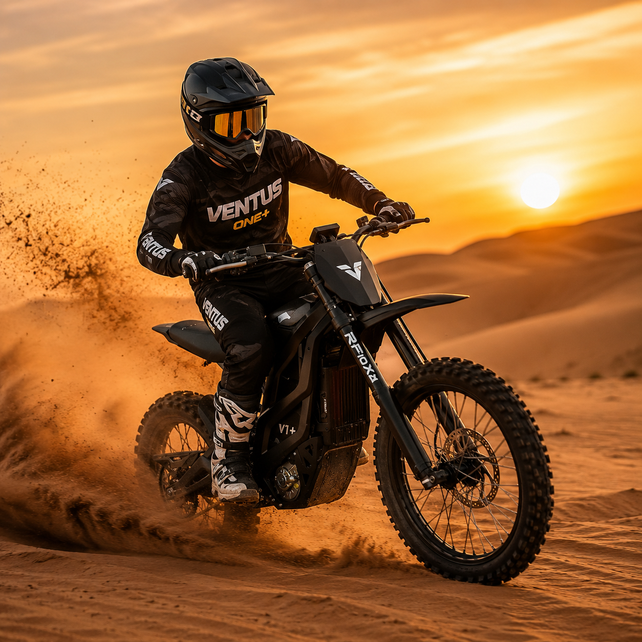 A person riding a black off-road motorcycle through dunes