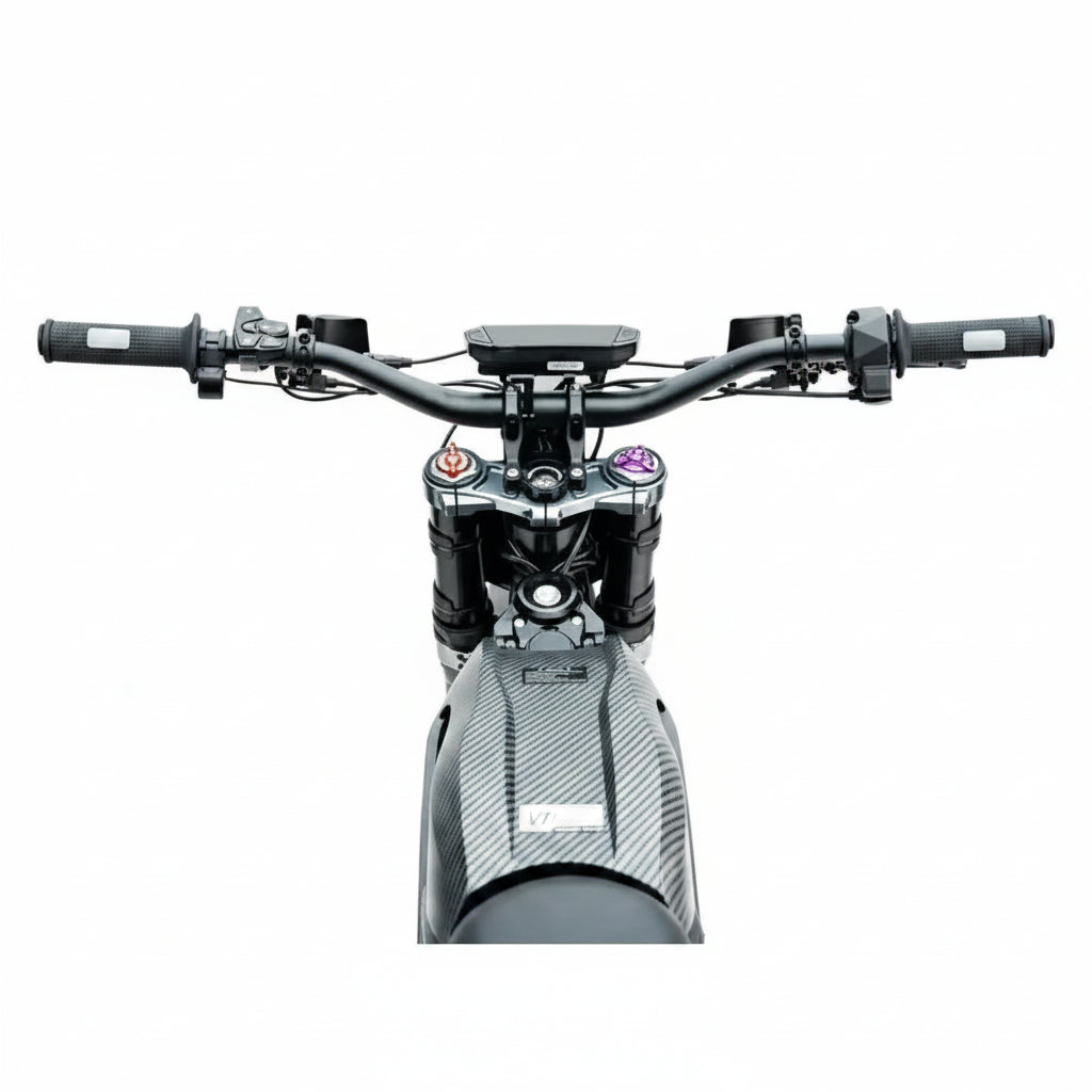 Close-up of a motorcycle handlebar with control buttons