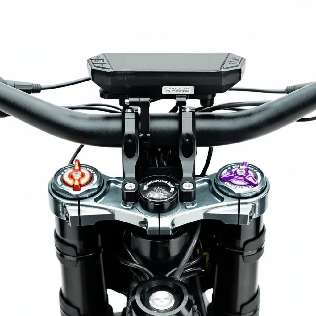Close-up of a motorcycle handlebar with control buttons and a display