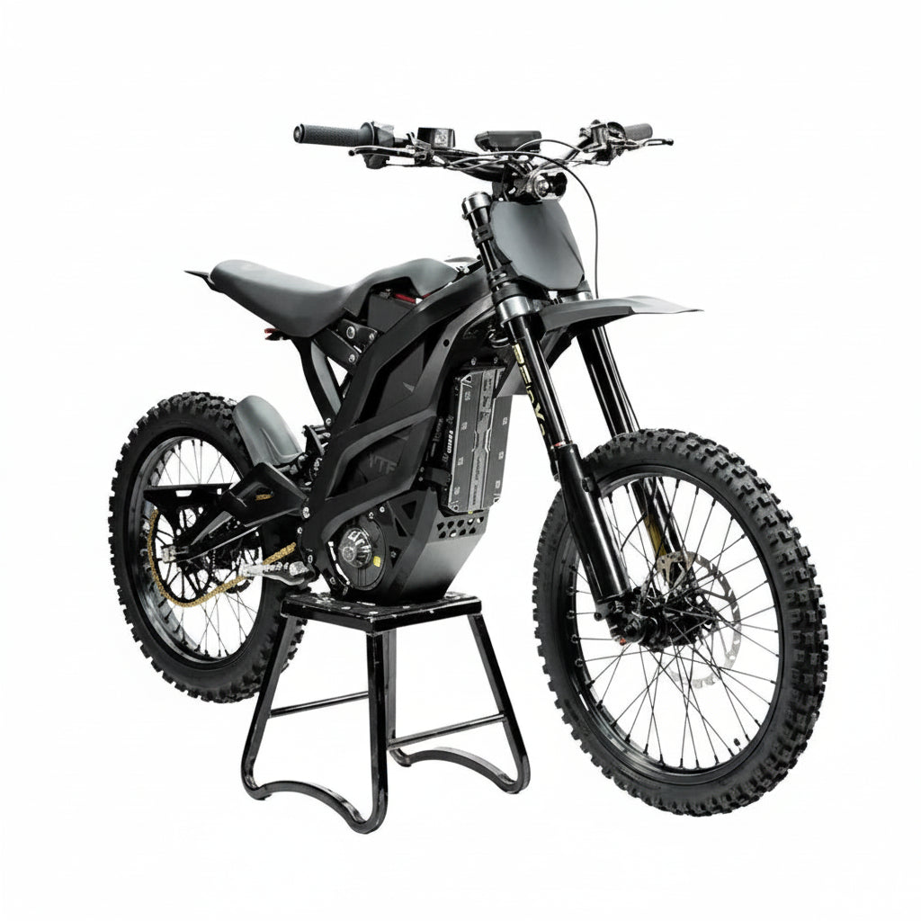 Black Ventus 1 + Off Road Electric Dirt Bike on a black metal stand