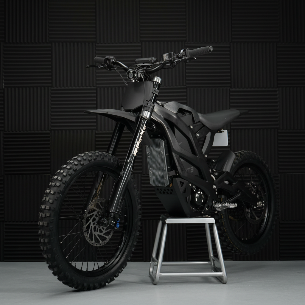 A black Ventus 1 + Off-Road Electric Dirt Bike with a visible front suspension fork and knobby tires