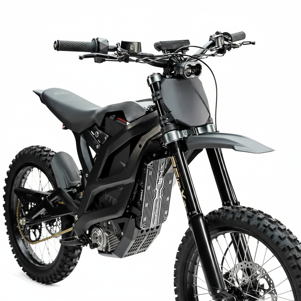 A matte black Ventus 1 + Off-Road Electric Dirt Bike with knobby tires, a high handlebar