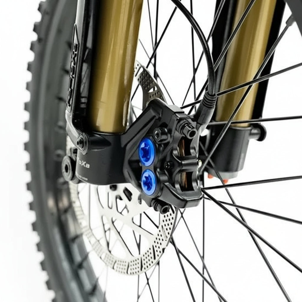 Close-up of an electric bike wheel with a suspension fork and disc brake system