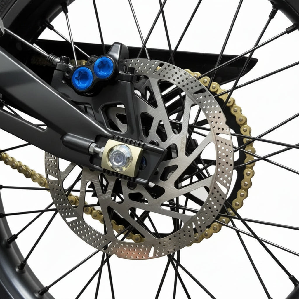 Close-up of a motorbike wheel with disc brake and chain