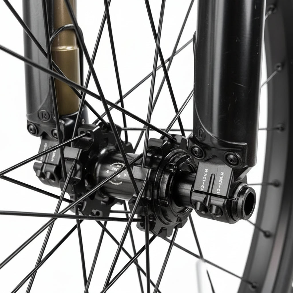 Close-up of an electric off-road bike wheel with hub and chain mechanism