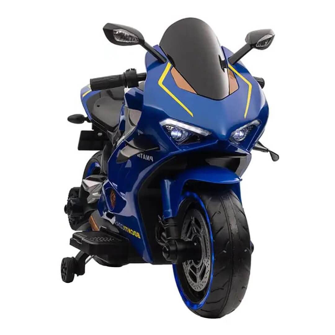 Megastar Ride on 12 v Victor Kids Electric Motorbike with training wheels-Blue