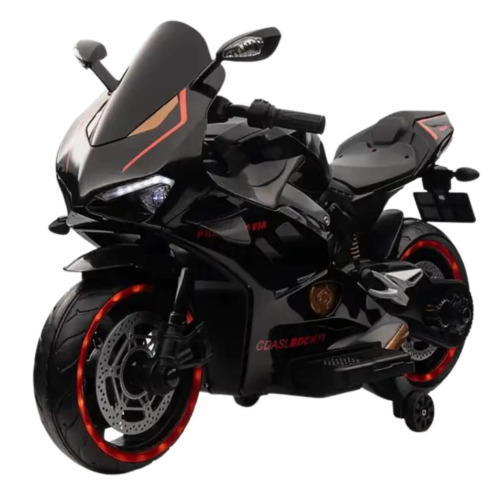 Megastar Ride on 12 v Victor Kids Electric Motorbike with training wheels-Black