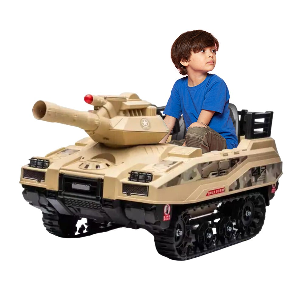 A child sitting in a toy tank car