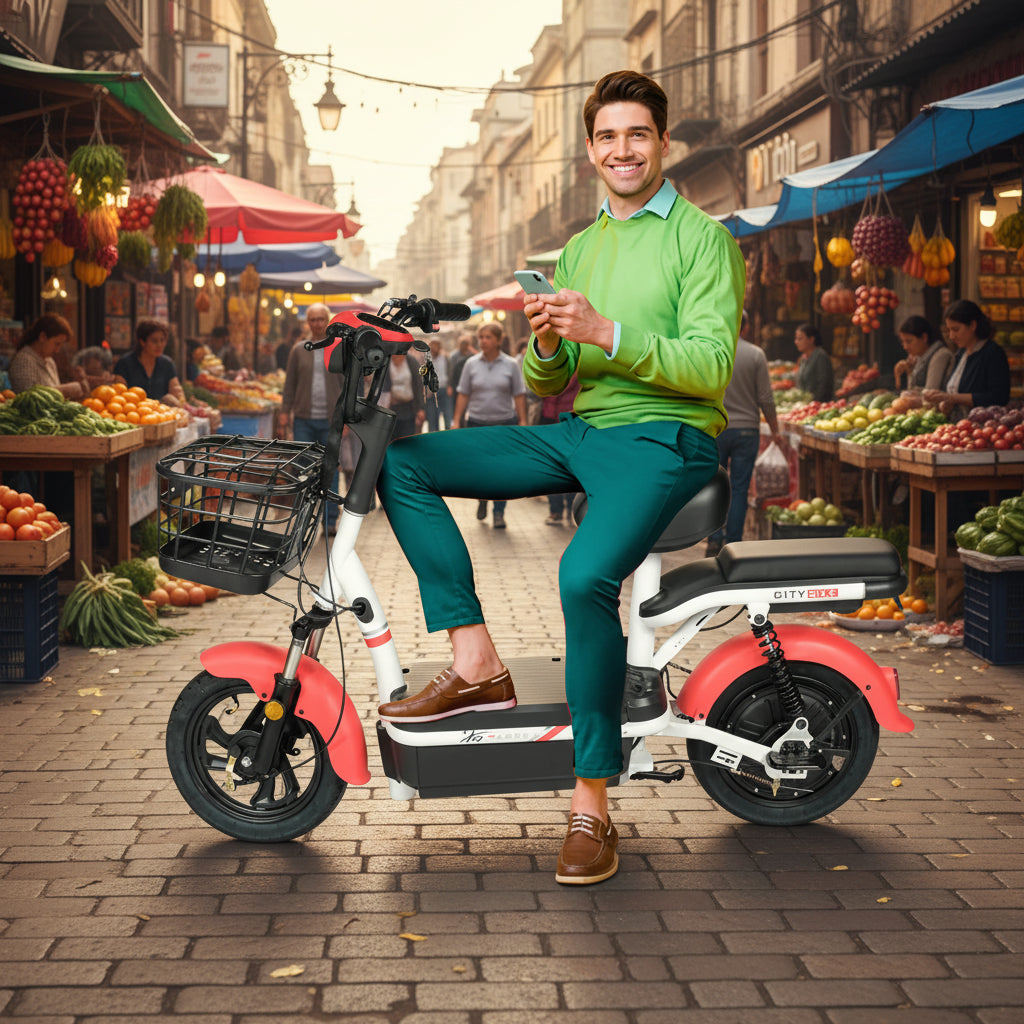 Man sitting on a red and white electric bike