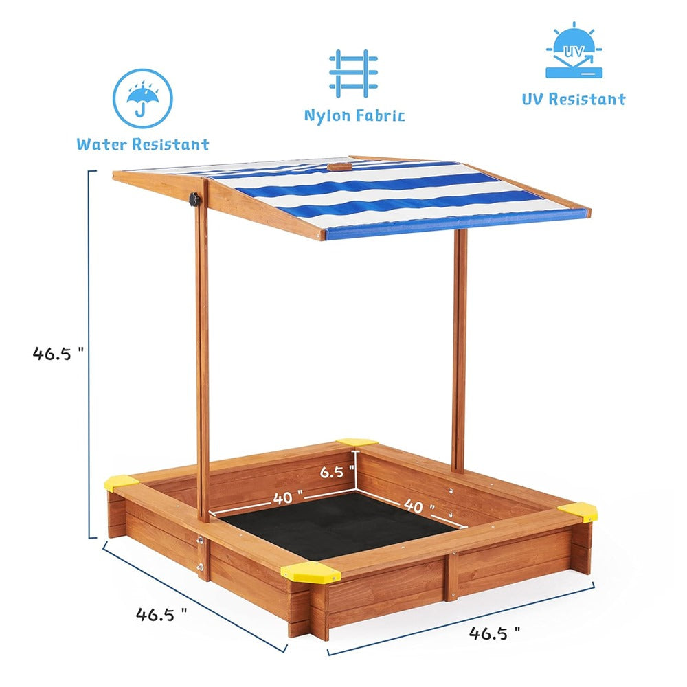 Megastar Kid’s Wooden Sandpit W/Adjustable Canopy for Backyard Play Sandbox With Cover 117x117 CM Outdoor Toys