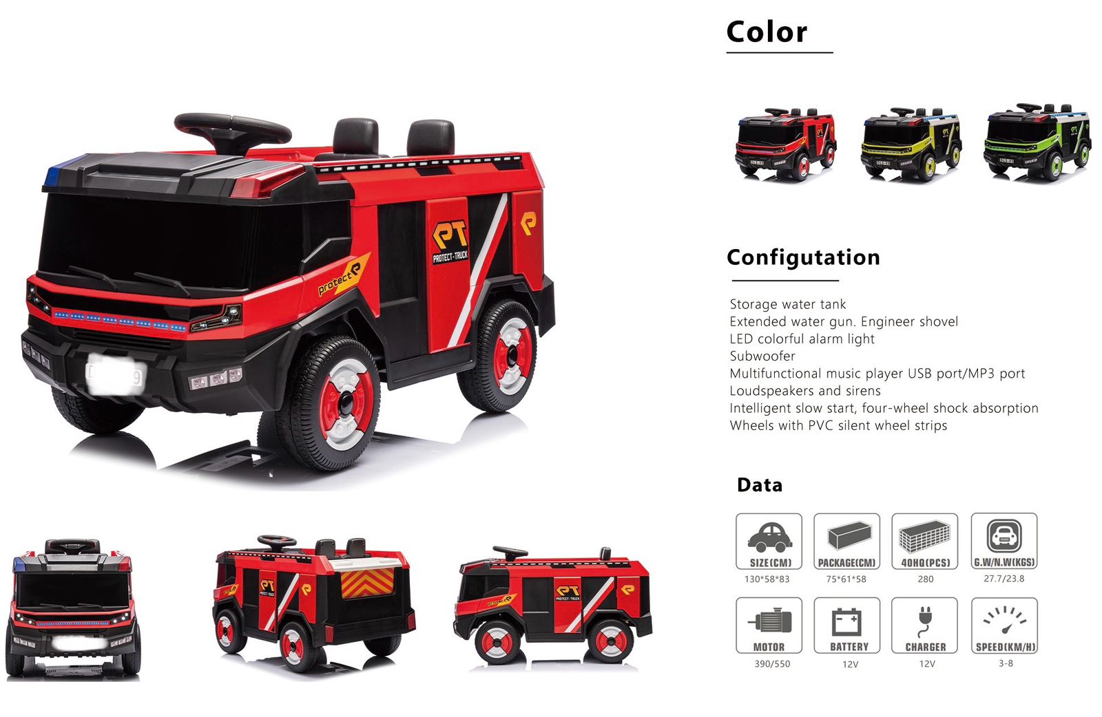 Ride on Car Fire Fighting Engineer Truck 12V Rc Electric Toys Car With Water Tank Gun Kids Ride on Car