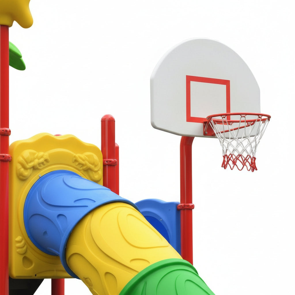 Colorful playground structure with a basketball hoop on a white background
