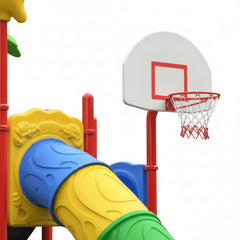 Colorful playground structure with a basketball hoop on a white background