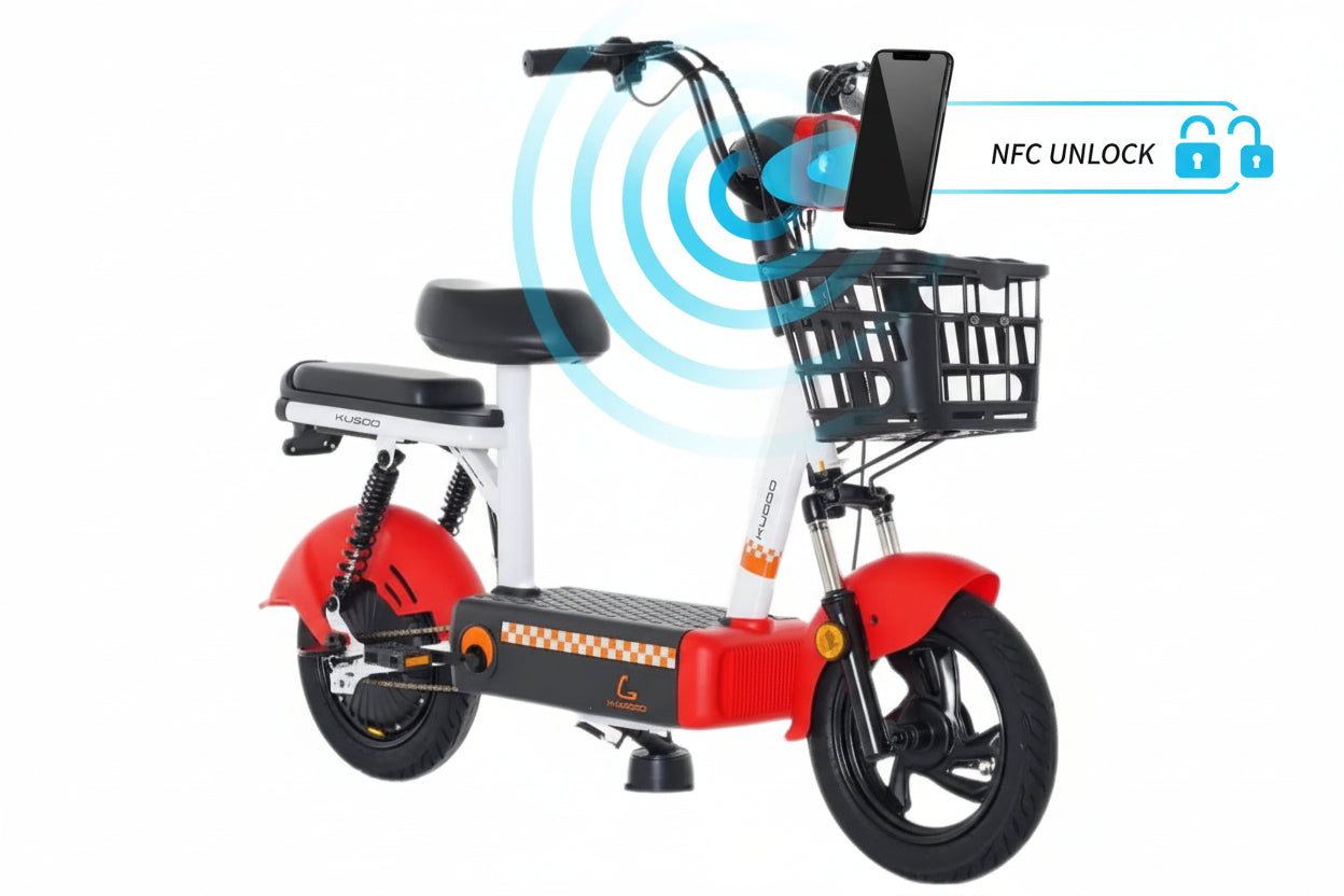 Kugoo Red T4 Electric scooter pedal Bike Womens 48V, Motor Power 350W with basket and NFC unlock feature 